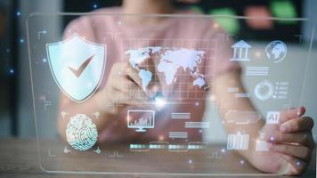 Data scientists. programmers use a laptop to analyze and development at various information on a futuristic virtual interface screen. Algorithm. marketing and deep learning of artificial intelligence photo