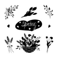 conjunto de mano dibujado primavera flores negro silueta con letras. primavera garabatear clipart silueta - tejido cesta, tulipán, jacinto, campanilla de febrero. aislado en blanco antecedentes. vector