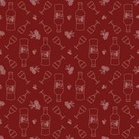 Seamless pattern with doodle wine glasses, wine bottle and bunch of grapes. Winery seamless pattern. White outlines on a red background. vector