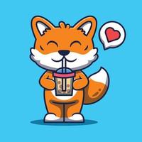 Cute fox mascot drinking boba cartoon illustration vector