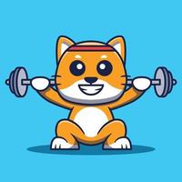 linda gato mascota hacer ejercicio levantamiento barra con pesas dibujos animados ilustración. vector