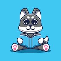 Cute Dog Reading Book Cartoon Illustration. Studying Animal Icon. vector