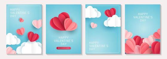 Valentine's day posters or banner set with blue sky and paper cut clouds, heart. place for text. holiday banners, web, poster, flyers, voucher template, brochures and greeting cards. vector design.