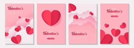 Valentine's day posters or banner set with pink sky and paper cut clouds, heart. place for text. holiday banners, web, poster, flyers, voucher template, brochures and greeting cards. vector design.