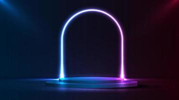 Podium or stand with line gradient neon in Sci-fi. abstract scene with pink and blue neon frame. vector rendering product display. futuristic minimal scene. vector design.