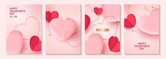 Valentine's day posters or banner set with pink hearts and gold heart. place for text. holiday banners, web, poster, flyers, voucher template, brochures and greeting cards. vector design.