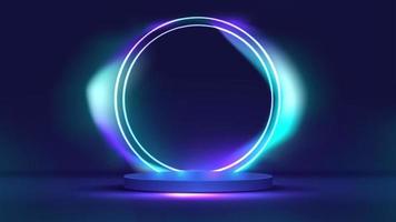 Podium or stand with line gradient neon in Sci-fi. abstract scene with pink and blue neon frame. vector rendering product display. futuristic minimal scene. vector design.