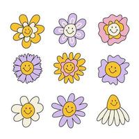 Set of retro groovy hippie flowers. Collection of different flowers in a hippie style. vector