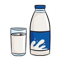 Outline bottle of milk with cap and glass vector