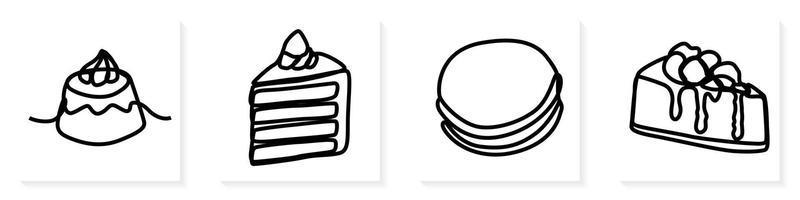 conjunto de uno continuo línea Arte mano dibujado contorno de delicioso apetitoso pasteles, panadería uno rebanada para decoración, emblema para confitería,dulce tienda, panadería en minimalista diseño vector