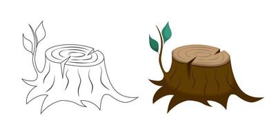 Illustration for coloring page on the theme of summer and travel. Tree stump in twig and leaves. Vector illustration coloring book.