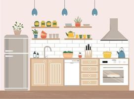 Kitchen with furniture. Kitchen interior with stove, cupboard, dishwasher,shelves, kitchenware, fridge, lamps. Flat design. vector