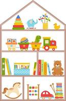 Rack with toys and books. Kids toys on wooden shelves. Teddy bear, train, car, doll, dino, cubes, elephant, rocket, boat, xylophone, pyramid. Vector illustration. White background