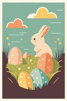 rabbit easter. Happy Easter Easter bunnies and egg in field. vector