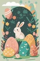 rabbit easter. Happy Easter Easter bunnies and egg in field. vector