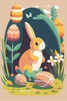 rabbit easter. Happy Easter Easter bunnies and egg in field. vector