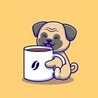 Cute Pug With Cup Of Coffee Cartoon Vector Icon Illustration. Animal Drink Icon Concept Isolated Premium Vector. Flat Cartoon Style