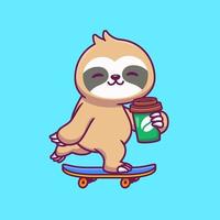 Cute Sloth Skateboarding And Holding Coffee Cartoon Vector Icon Illustration. Animal Food And drink Icon Concept Isolated Premium Vector. Flat Cartoon Style