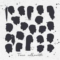 Vector set of female and male silhouettes drawing with black on dirty paper background