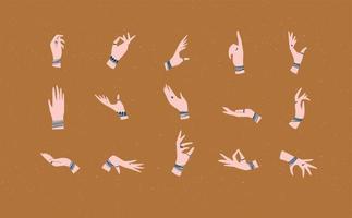 Hands with bracelets and rings in ethnical style in different positions to express feelings and emotions drawing on mustard background vector