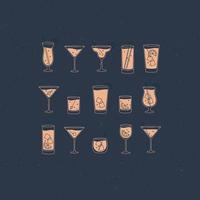 Alcohol drinks and cocktails icon set in flat line style on blue background. vector