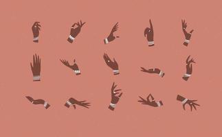 Hands with bracelets and rings in ethnical style in different positions to express feelings and emotions drawing on coral background vector