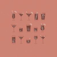 Alcohol drinks and cocktails icon set in flat line style on coral background. vector