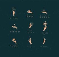 Hand labels with bracelets, rings holding decorative elements with lettering in minimalist style drawing on dark background. vector
