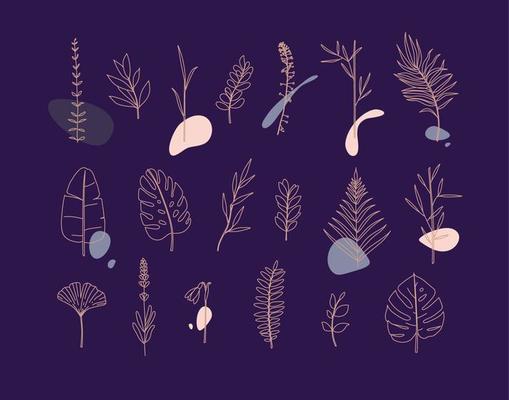 Set of different forms leaves in minimalism flat style on blue background