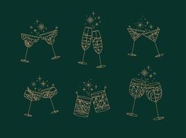 Cocktail glasses cheers for prosecco, wine, whiskey, vermouth, gin, martini, aperol, margarita in modern flat line style drawing on green background vector