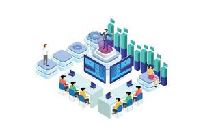 Modern Isometric Smart Online Webinar Training Technology with Hologram People in cloud Illustration, in White Isolated Background With People and Digital Related Asset vector