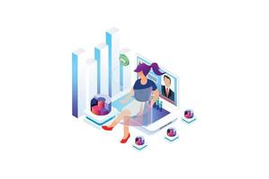 Customer support concept. Consultant on hotline chat, telemarketer. Helpdesk talking. Infographic of call center answer. Girl technical professional receptionist. Flat isometric vector illustration