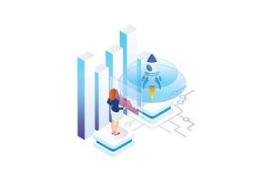Isometric Businnes Start Up Concept. Income and Success. Vector Business Infographics in White Isolated Background With People and Digital Related Asset