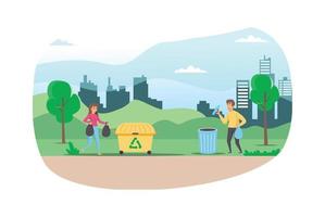 Illustration People collect and sort garbage in city park vector flat illustration. Men and woman taking care of the planet by collecting waste in bags. Suitable for Diagrams, Infographic, Game Asset