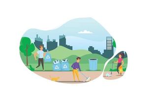 Illustration People collect and sort garbage in city park vector flat illustration. Men and woman taking care of the planet by collecting waste in bags. Suitable for Diagrams, Infographic, Game Asset