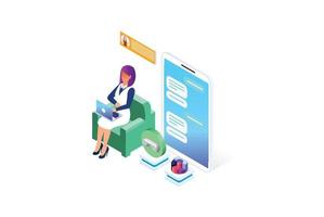 Customer support concept. Consultant on hotline chat, telemarketer. Helpdesk talking. Infographic of call center answer. Girl technical professional receptionist. Flat isometric vector illustration