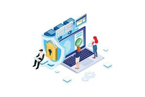 Modern Isometric Online administrator, web hosting concept. Technician repair software. Hardware protection share infographic. Store safe server. Suitable for Diagrams, Game Asset, And Other asset vector