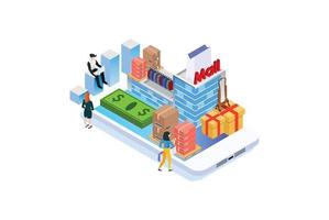 concepto de compras en línea de actividad isométrica moderna con carácter, adecuado para diagramas, infografías, activos de juegos y otros activos relacionados con gráficos vector