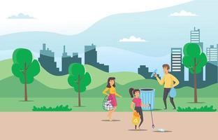 ilustración personas recoger y ordenar basura en ciudad parque vector plano ilustración. hombres y mujer tomando cuidado de el planeta por coleccionar residuos en bolsas. adecuado para diagramas, infografía, juego activo