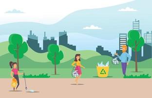 Illustration People collect and sort garbage in city park vector flat illustration. Men and woman taking care of the planet by collecting waste in bags. Suitable for Diagrams, Infographic, Game Asset