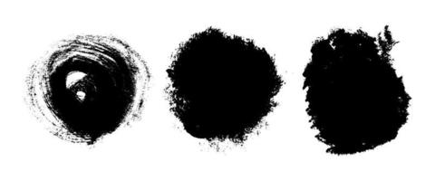 Black grunge brush strokes. Set of three painted brush ink stains. Ink spot isolated on white background. Vector illustration