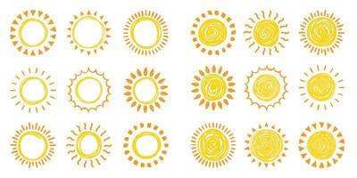 Set of doodle suns sketch, hand drawn style vector