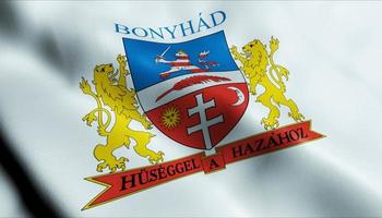 3D Render Waving Hungary City Flag of Bonyhad Closeup View photo