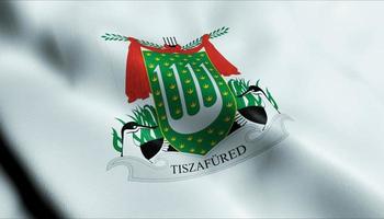 3D Render Waving Hungary City Flag of Tiszafured Closeup View photo