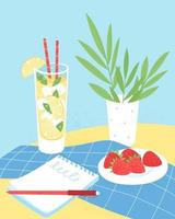 Fresh cocktail, strawberries and notepad on the table vector