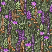 Seamless pattern with flowers and grass on a dark background vector