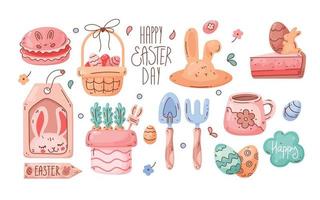 Hand drawn collection of Easter doodles. Line and color, cartoon style. Festive mood. Cute elements for decorating holiday banners, postcards, stickers vector