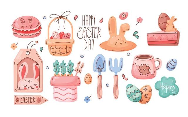 Hand drawn collection of Easter doodles. Line and color, cartoon style. Festive mood. Cute elements for decorating holiday banners, postcards, stickers