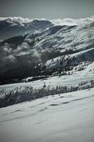 People skiing in ukrainian Carpathian mountains landscape photo