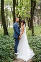 Boda caminar de el novia y novio en el caduco bosque en verano foto